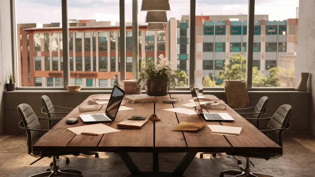 Escritório moderno com mesa de madeira, laptops, papéis, canetas e copo de café, janelas ao fundo exibem prédios.